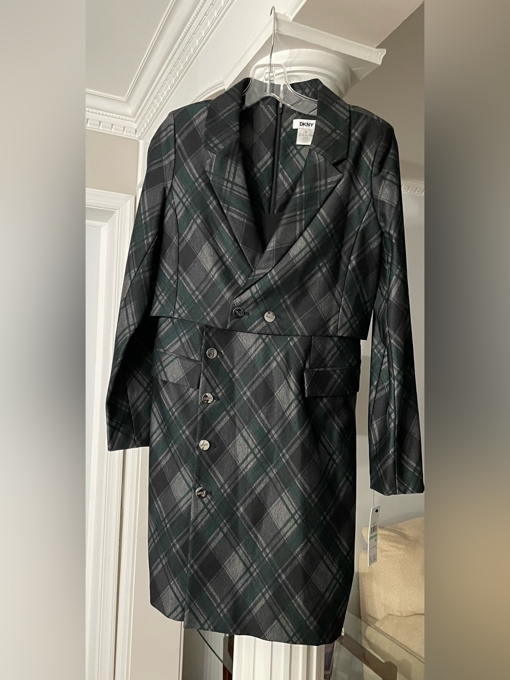 DKNY women’s green plaid Notch Lapel long sleeve blazer dress. Size 8 P - Picture 2 of 9